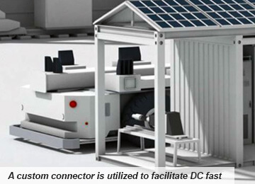 A custom connector is utilized to facilitate DC fast charging for the AGVs