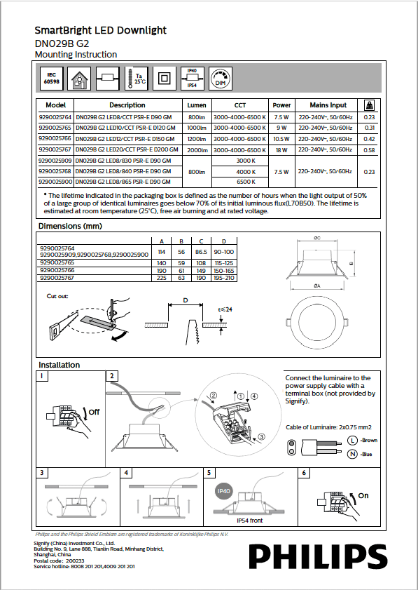 Philips Downlight DN029B Specification