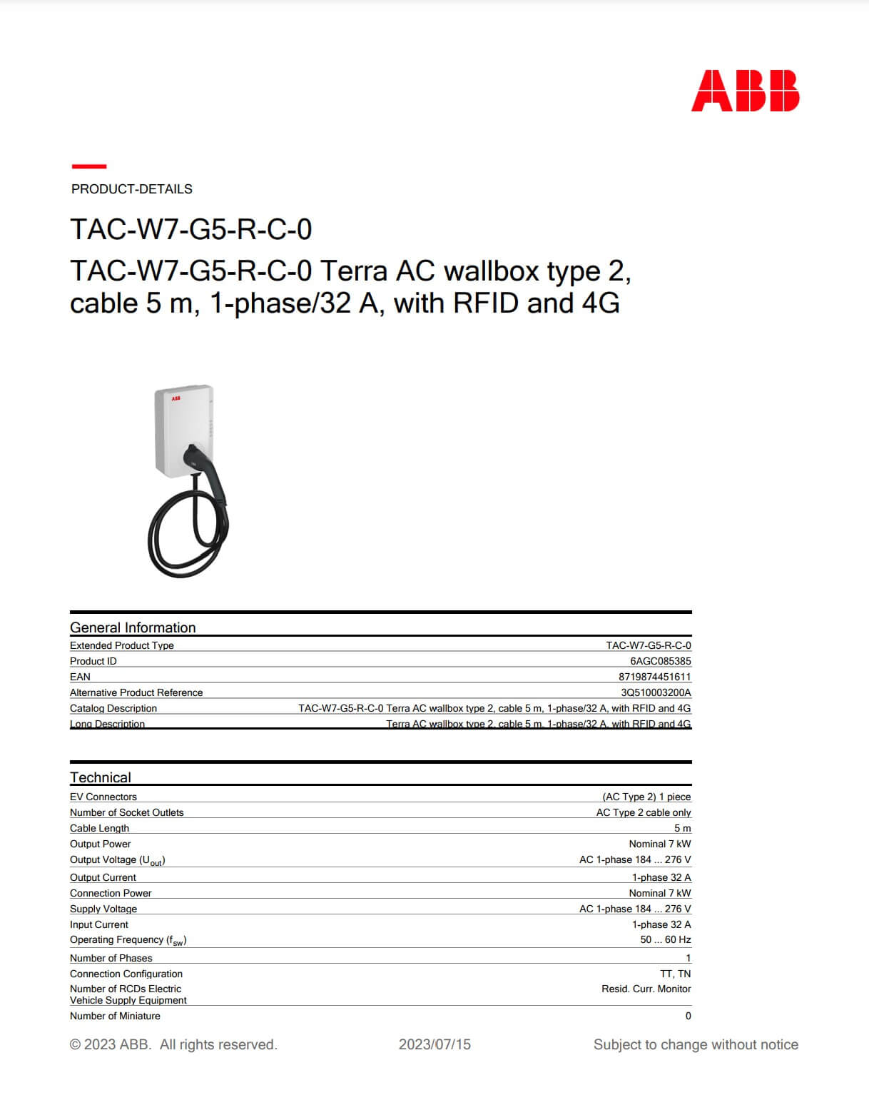 TAC-W7-G5-R-C-0 Terra AC wallbox type 2